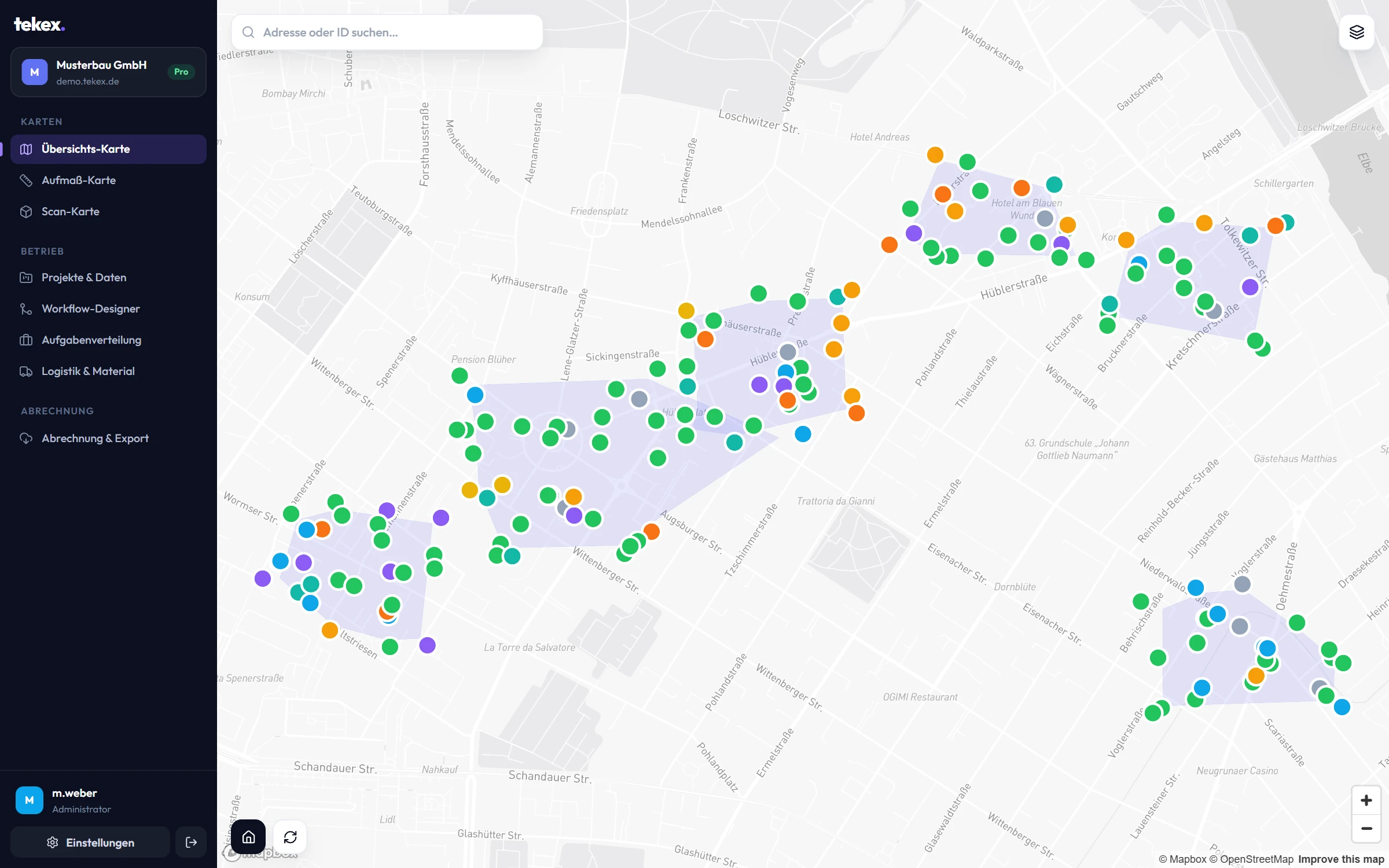 Karte mit Adress-Pins nach Status und automatisch berechneten NVT-Gebieten.