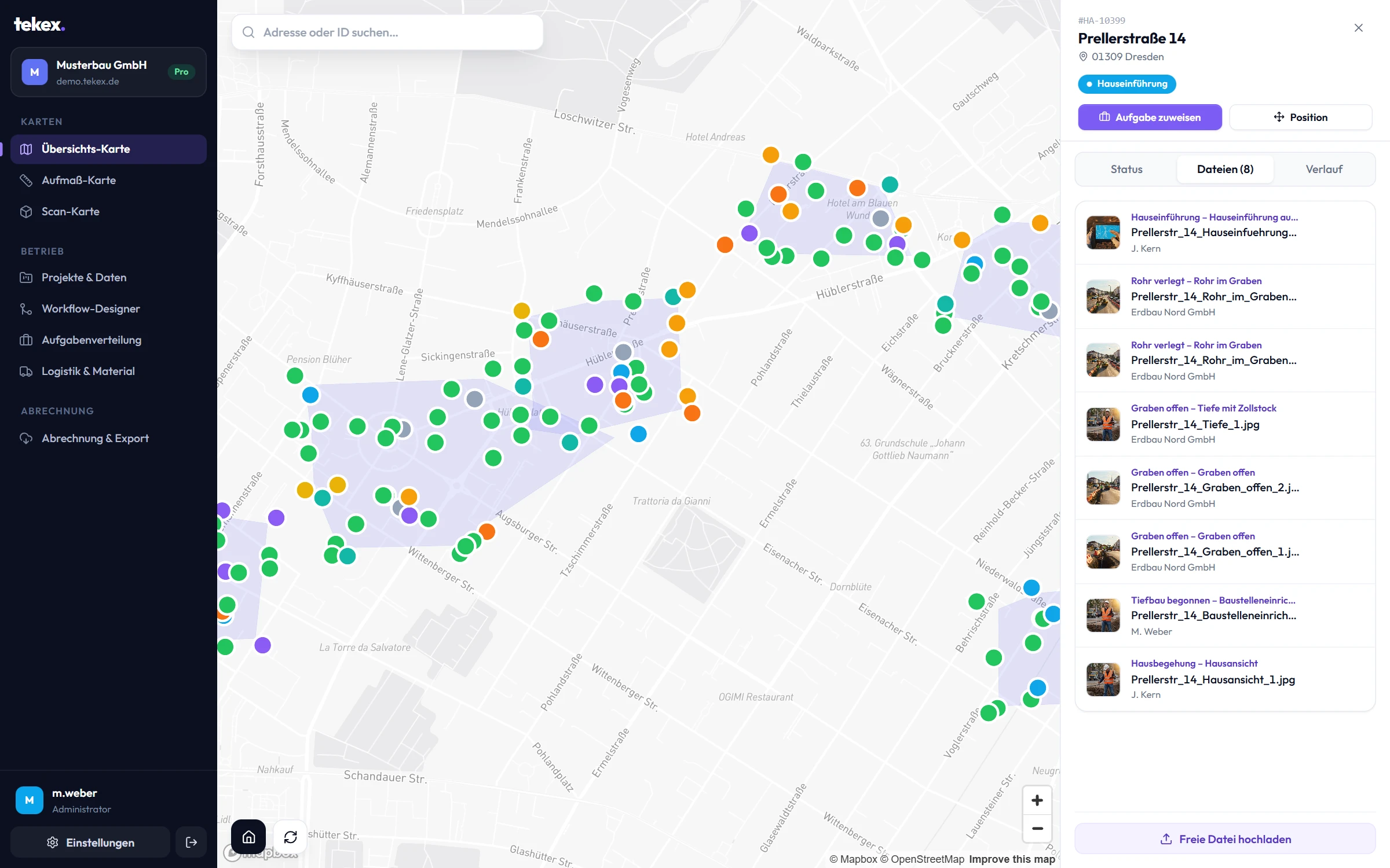Dashboard mit farbigen Status-Pins, NVT-Gebieten und den Dateien eines Auftrags.