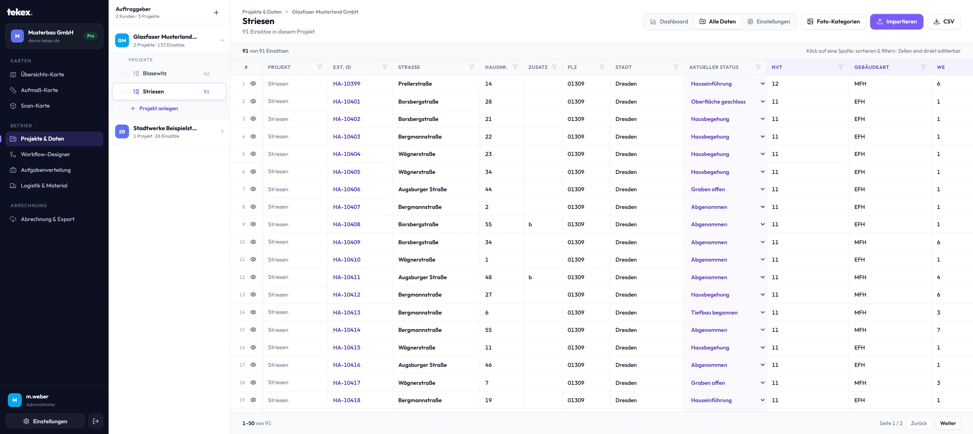 Alle Daten eines Projekts als Tabelle mit Status, NVT, Gebäudeart und Wohneinheiten.