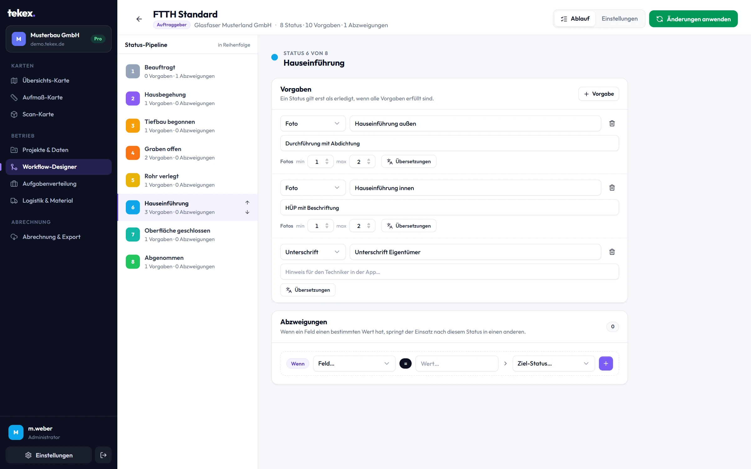 Workflow-Designer: Status-Pipeline und die Foto-Vorgaben der Hauseinführung.