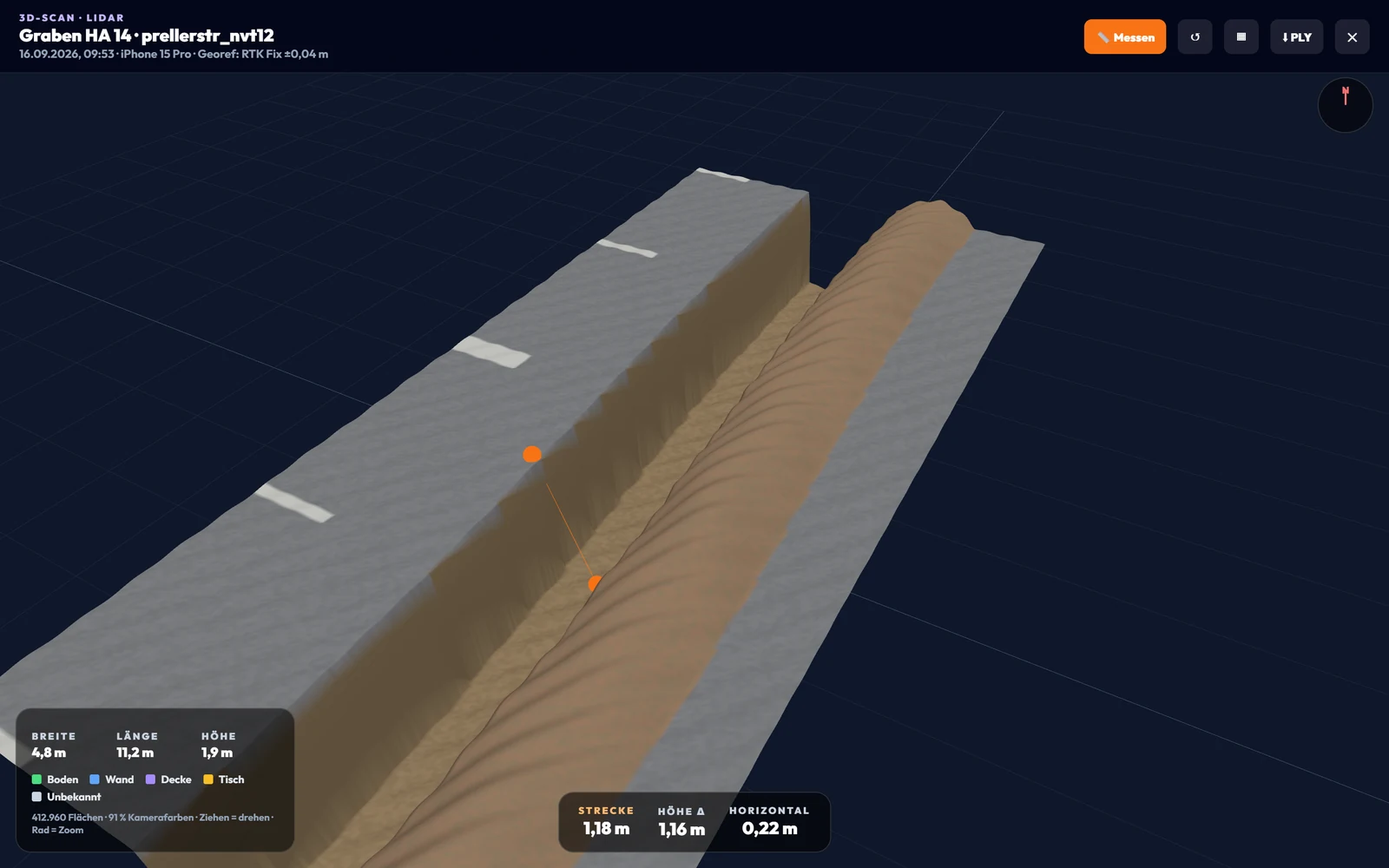 3D-Viewer: gescannter offener Graben mit Messstrecke.